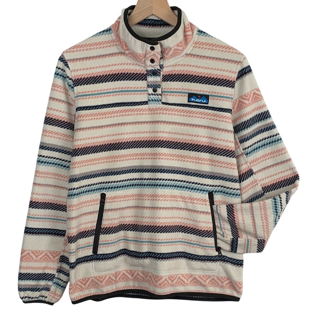 KAVU Snap Neck Geometric Stripe  Fleece Pullover Women's M Cream Peach Navy